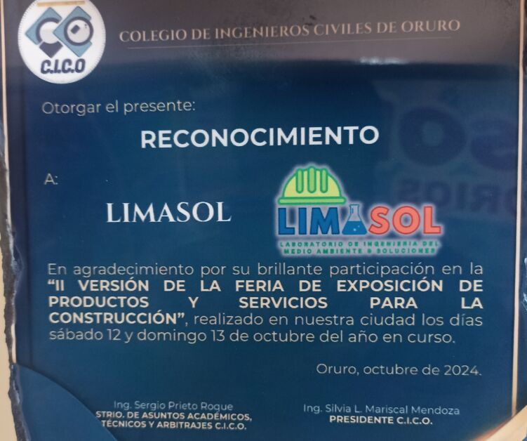 Reconocimiento del Colegio de Ingenieros Civiles de Oruro (C.I.C.O.) a LIMASOL por su participación en la II Feria de Exposición de Productos y Servicios para la Construcción, octubre 2024